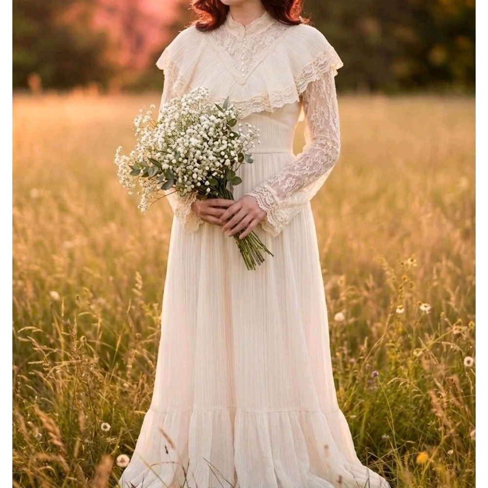 VTG 70s Prairie Maxi Dress Ivory Lace Victorian Revival S Boho Cottagecore Bride